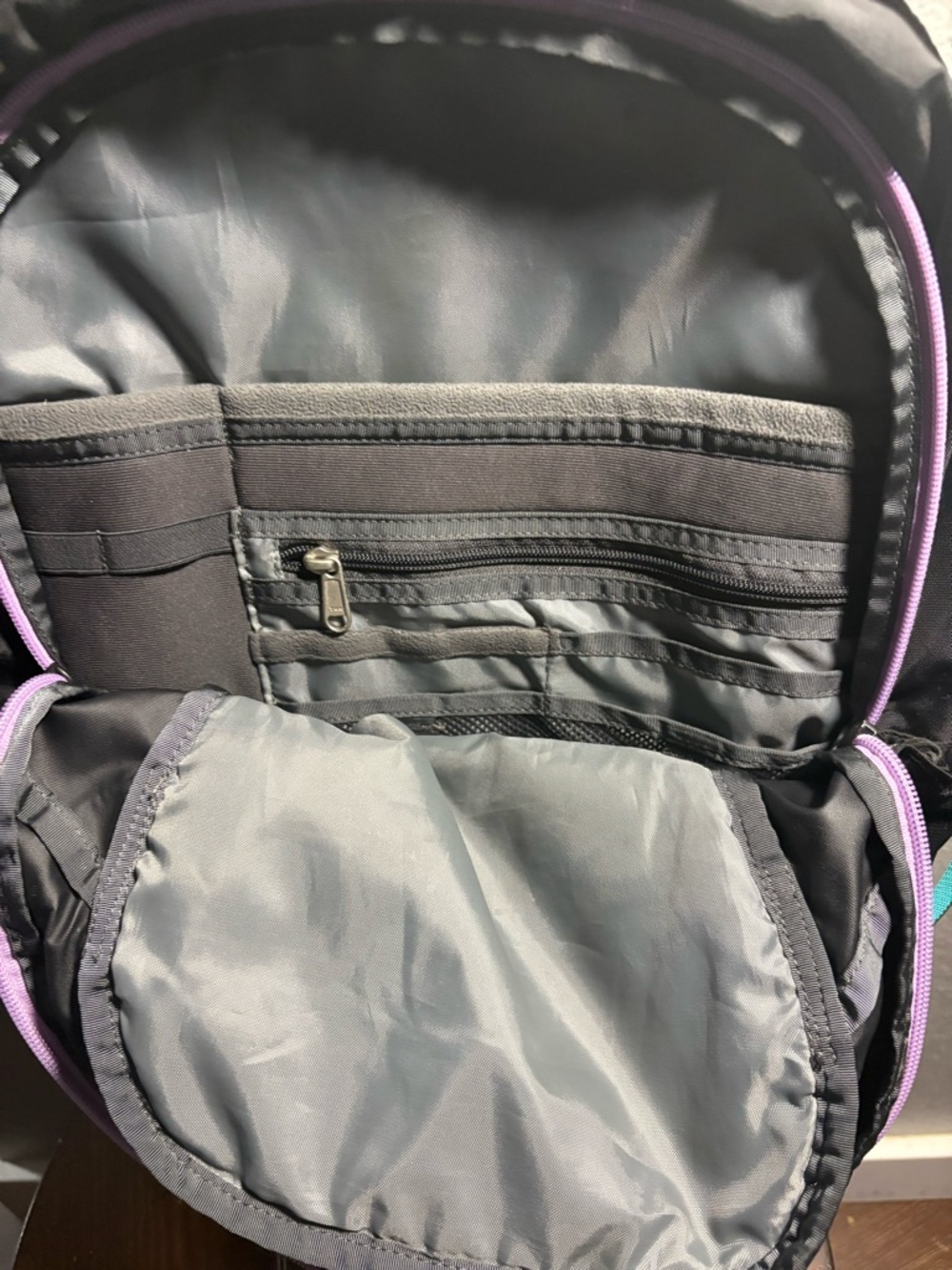 The North Face Black Backpack with Teal Logo and Lavender Bungee - Picture 3 of 6